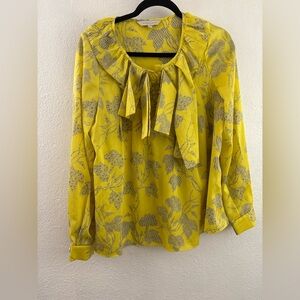Plastic Island yellow abstract floral print blouse asymmetrical collar size L